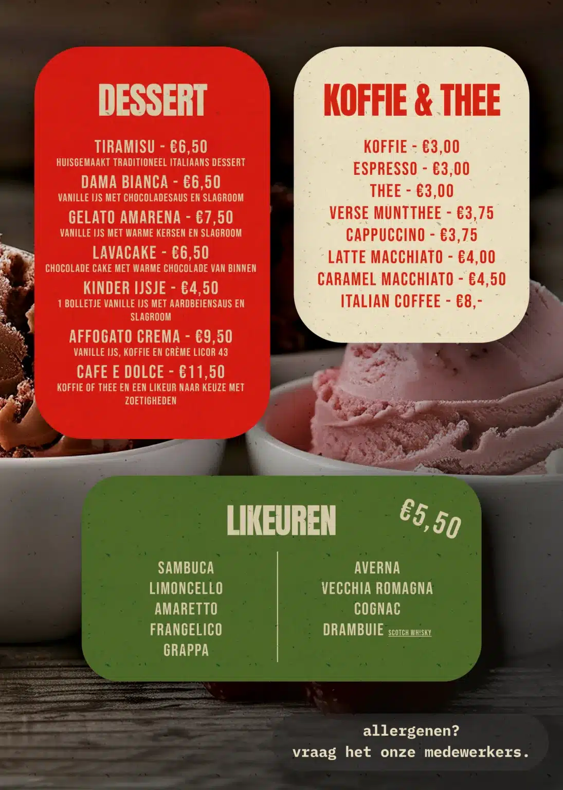 Desserts, koffie, thee en likeuren